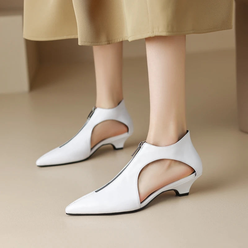 Kaky's new pointed hollow mesh oversized high New Pointed Zipper Cowhide Mid Heel Hollow out Women's Single Shoe High Top Shoes