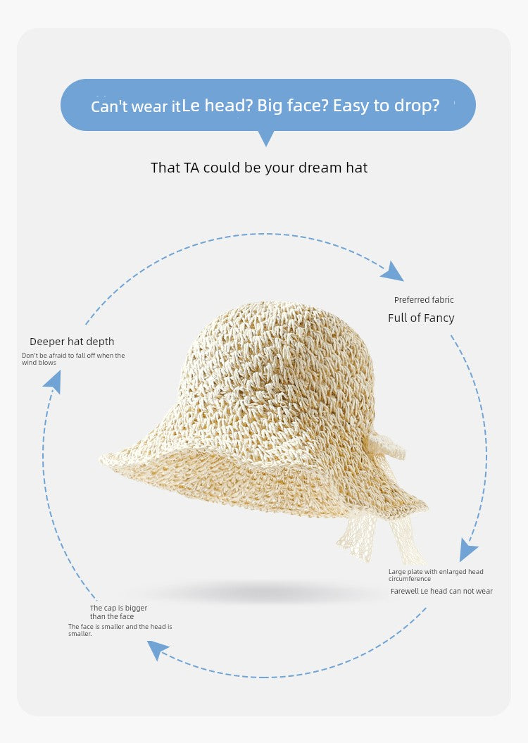 Straw Hat Female Summer New French Woven Bows Sun-Proof Bucket Hat Fresh Beach Trip Vacation Sun Hat