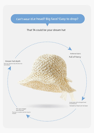 Straw Hat Female Summer New French Woven Bows Sun-Proof Bucket Hat Fresh Beach Trip Vacation Sun Hat