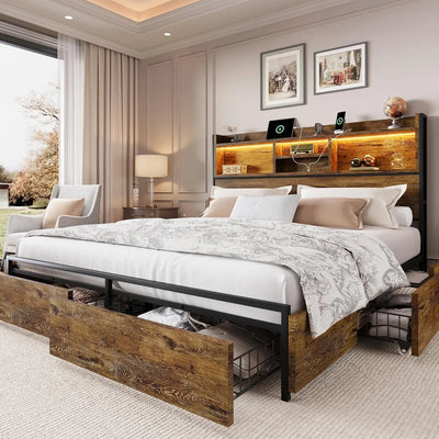 King Size Storage Bed Frame – 6 Built-In Drawers, Wooden Headboard & LED Lights with Charging Station