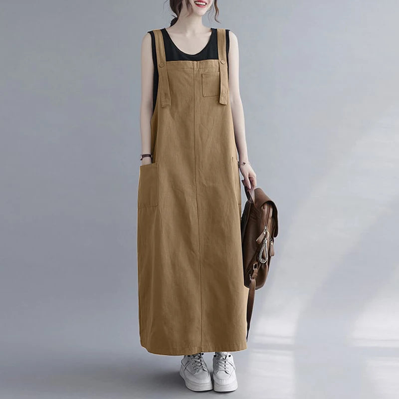 Women Sleeveless Maxi Dress Fashion Workwear Pockets Vestidos 2023 Summer Adjustable Shoulder Straps Dresses Streetwear
