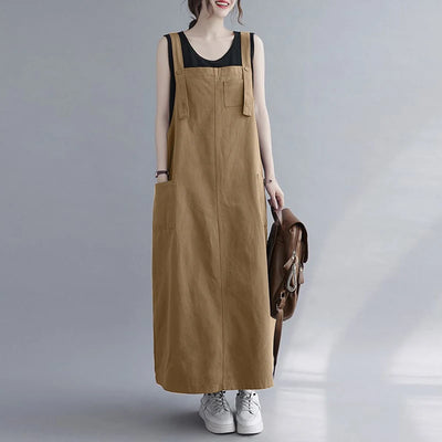 Women Sleeveless Maxi Dress Fashion Workwear Pockets Vestidos 2023 Summer Adjustable Shoulder Straps Dresses Streetwear