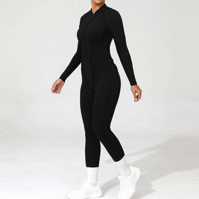 2025 Women's One-piece Yoga Jumpsuit leggings Zipper Nylon Long-sleeved Sexy Backless Slim Fit Sports Outfit with chest pad