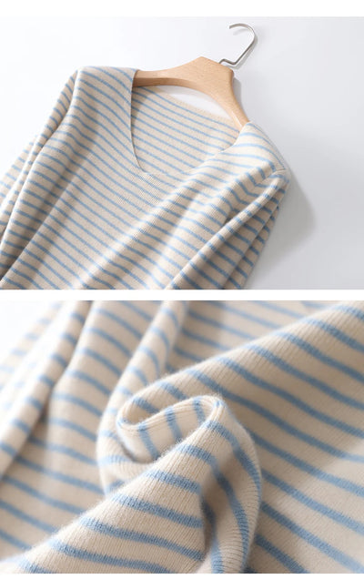 New Striped V-neck Sweater Women's All-Match Loose Sweater Fall Winter Fashion Bottoming Shirt Inner Wear Blouse
