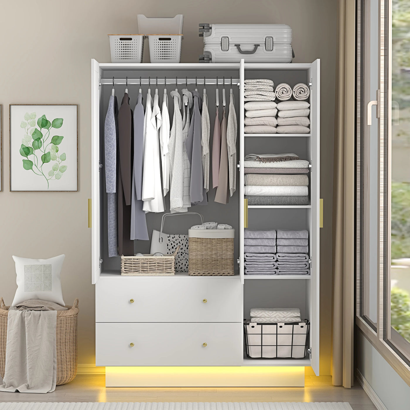 Modern Wooden Armoire Wardrobe Closet with Hanging Rod for Bedroom, 3 Door Wardrobe Closet with Mirror & LED Lights,White