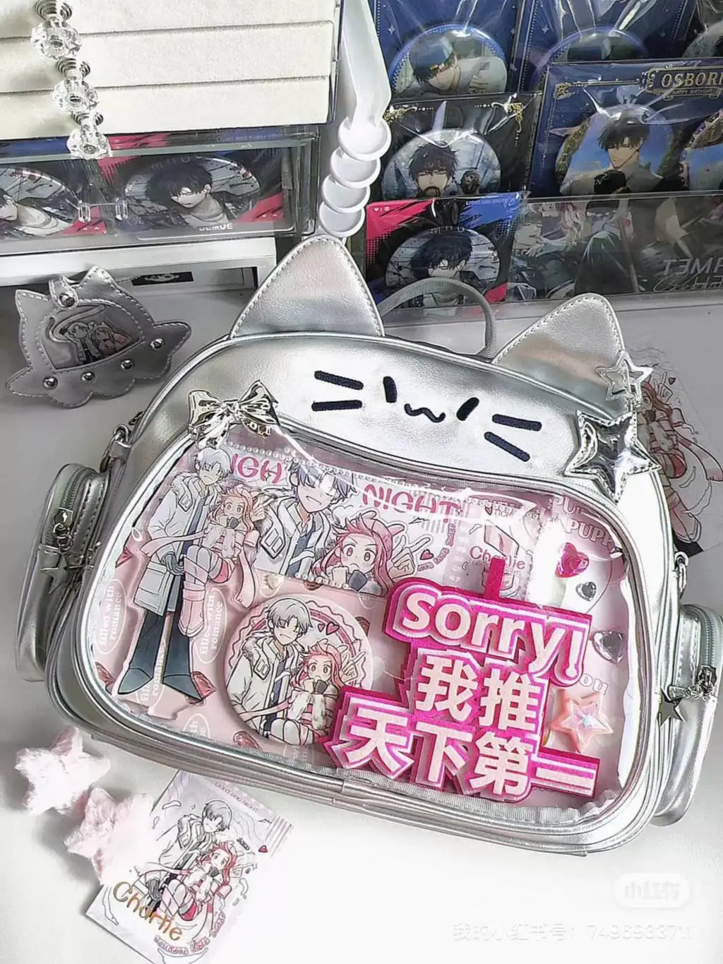 JIAERDI Kawaii Cat Ita Bag Lolita Y2K Backpack Female Cute PU Shoulder Bag Girl Transparent Pocket Harajuku Crossbody Bag Women
