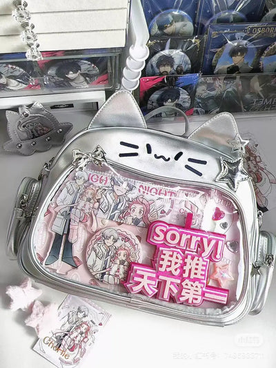 JIAERDI Kawaii Cat Ita Bag Lolita Y2K Backpack Female Cute PU Shoulder Bag Girl Transparent Pocket Harajuku Crossbody Bag Women