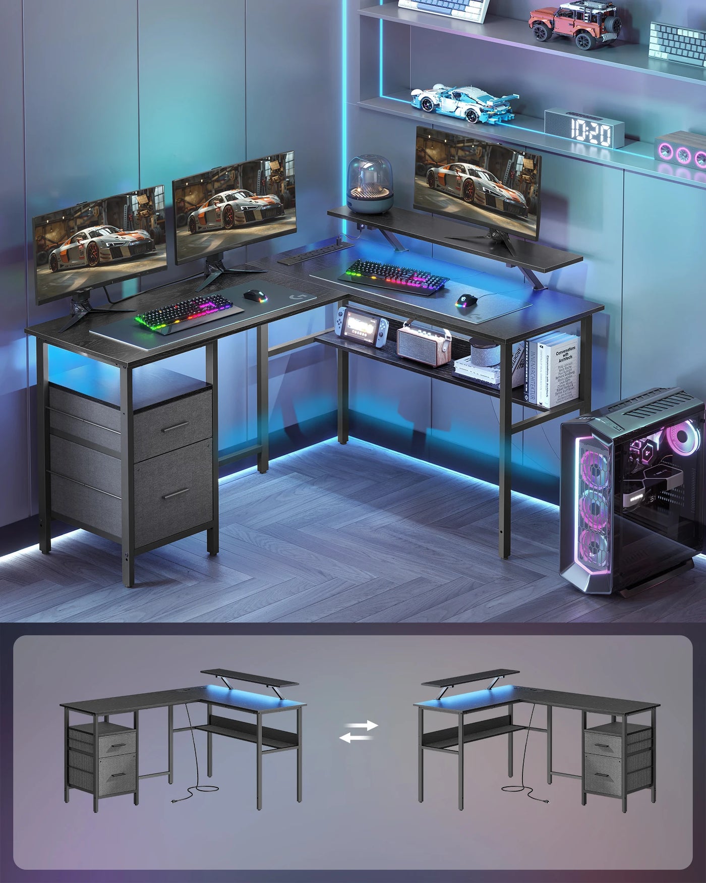 VASAGLE L-Shaped Desk with Power Outlets, Corner Desk, Gaming Desk with LED Lights, 2 Drawers, 2 USB Ports, 150x120x89cm