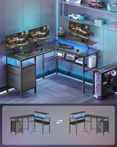 VASAGLE L-Shaped Desk with Power Outlets, Corner Desk, Gaming Desk with LED Lights, 2 Drawers, 2 USB Ports, 150x120x89cm