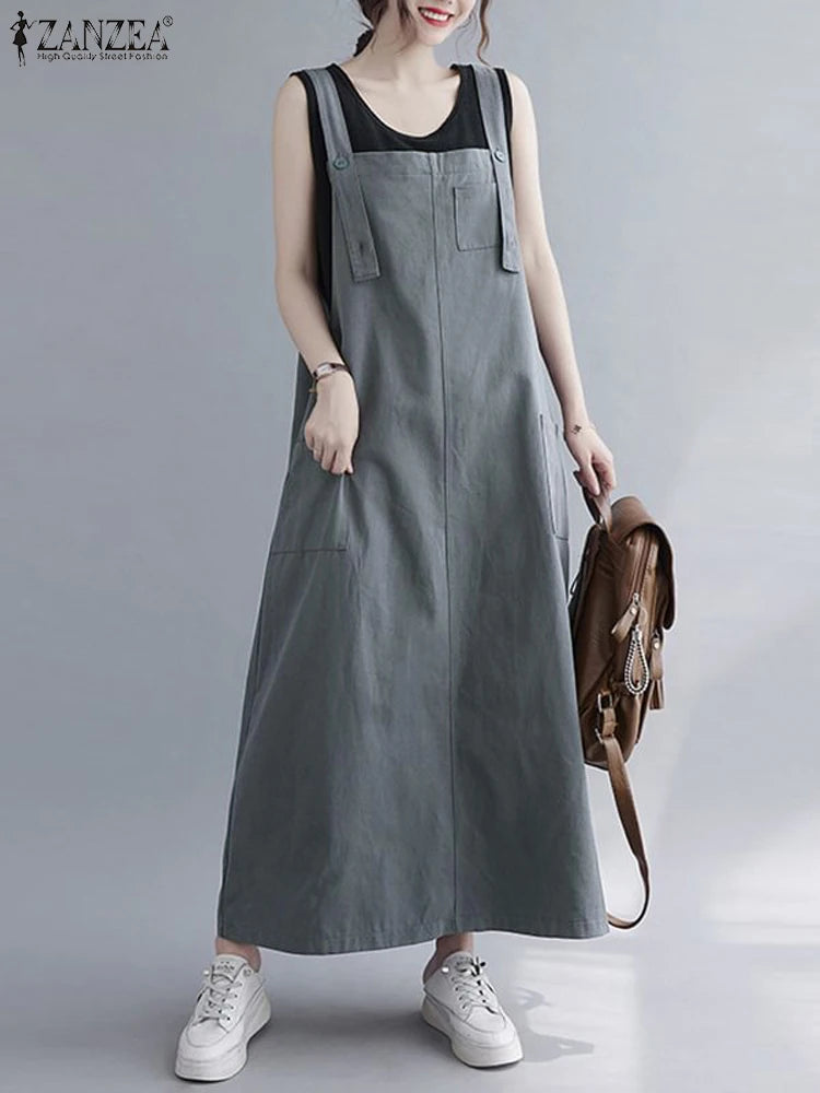 Women Sleeveless Maxi Dress Fashion Workwear Pockets Vestidos 2023 Summer Adjustable Shoulder Straps Dresses Streetwear