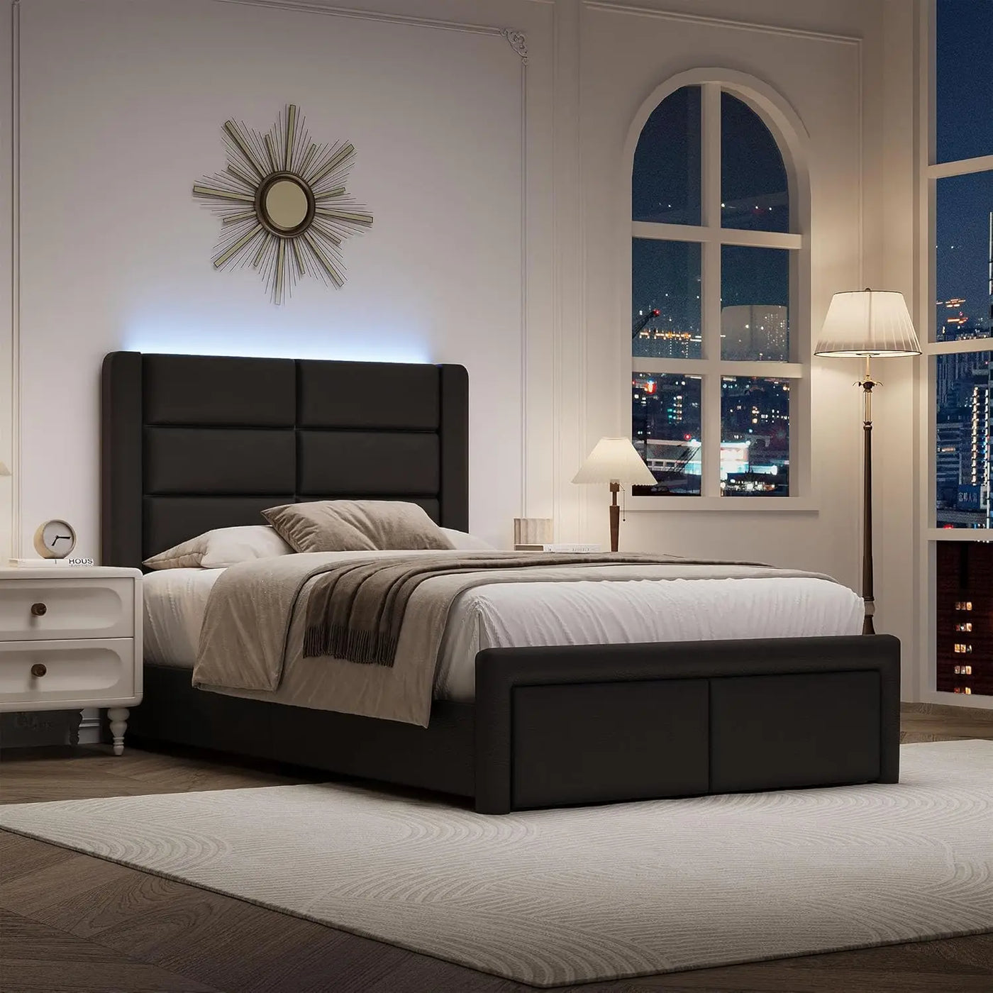 Bed Frame with Headboard and LED Lights,Modern Faux Leather Bed Frame with Wooden Slats Support and Duty Mattress Foundation