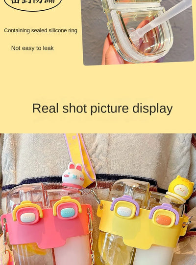 Drinking Bottle Large-Capacity Double-Bin Plastic Straw Cup Children Portable Carrying Water Bottle with High Beauty Cartoon Out