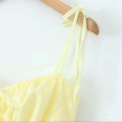 2024 Sexy Yellow Hollow out Embroidery Lace Cotton Corset Style Bow Sling Dress Women Low Waist Ball Gown Swing Mini Party Robe