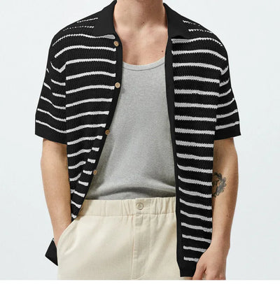 Men's Sexy See-through Knit Shirt Breathable Hollow Striped Shirt Summer New Men's Thin Coat Men's Clothing Hawaiian Shirt Tops
