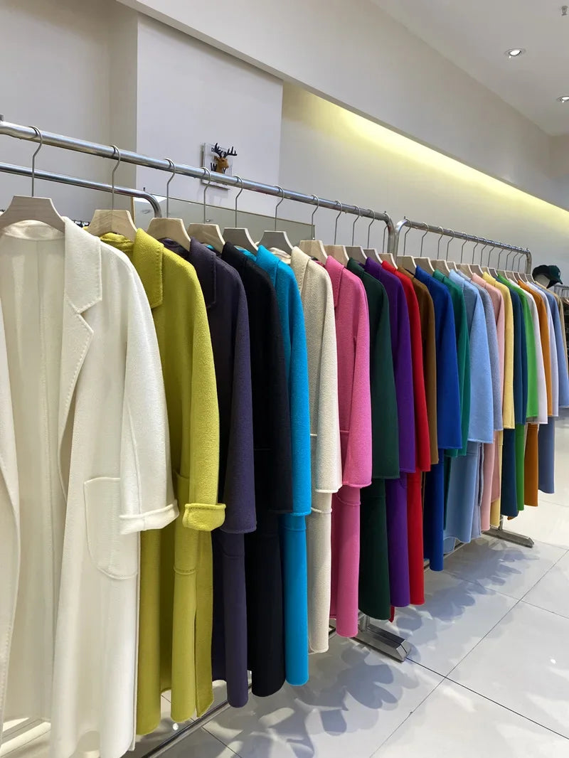 2024 Winter Jacket Women Water Wave Pattern Cashmere Coat Long High-end Double-sided Wool Blends Luxury Outerwear Streetwear