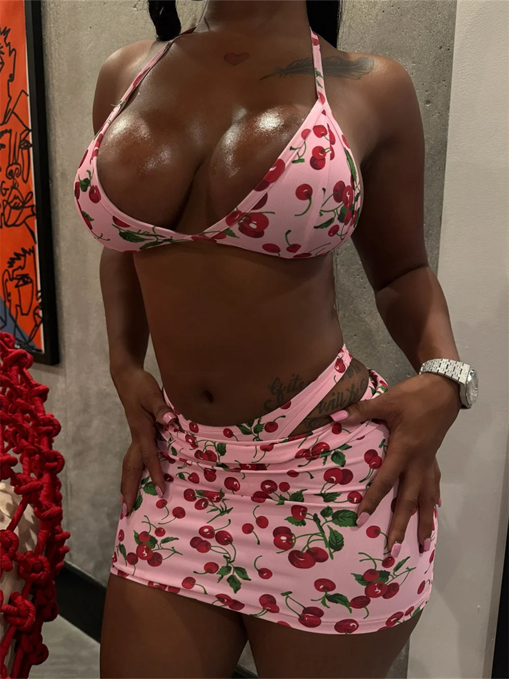 Weird Puss Hottie Sexy 3 Piece Set Women Summer Cherry Print Halter Bra+Thong+Skirts Vacation Beach Party Clubwear Matching Suit