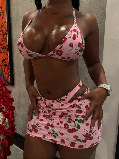 Weird Puss Hottie Sexy 3 Piece Set Women Summer Cherry Print Halter Bra+Thong+Skirts Vacation Beach Party Clubwear Matching Suit