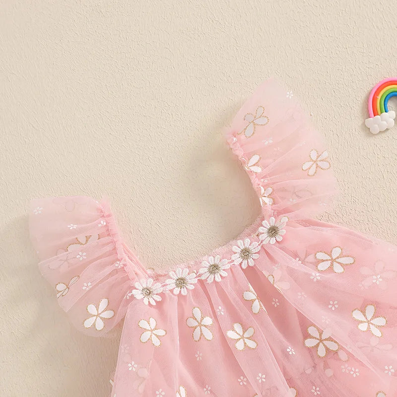 MISOWMNJOY Summer Chiffon Baby Girls Tulle Dresses Princess Daisy Print Flying Sleeve Kids A-Line Tiered Ruffle Layered Sundress