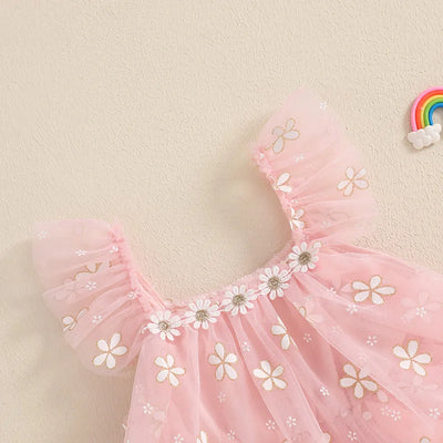 MISOWMNJOY Summer Chiffon Baby Girls Tulle Dresses Princess Daisy Print Flying Sleeve Kids A-Line Tiered Ruffle Layered Sundress
