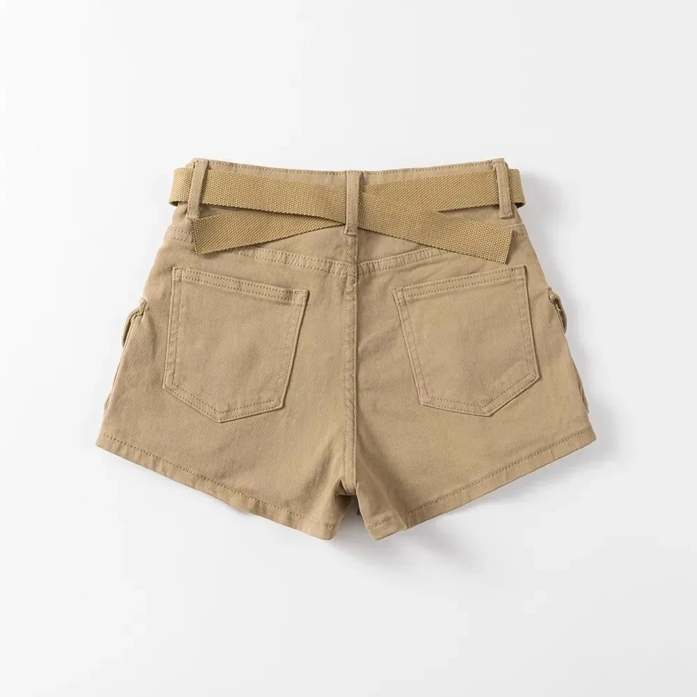 Women's Summer High Waisted Stretchy Denim Shorts Korean Cargo Style Slim Fit Ultra Short Hot Pants with Large Pockets for Dance