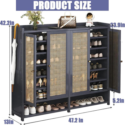 8 Tier Bamboo Shoe Storage Cabinet with Doors, 38-42 Pairs Shoe Rack for Closet, Rattan Storage Cabinet with Doors for Hallway L