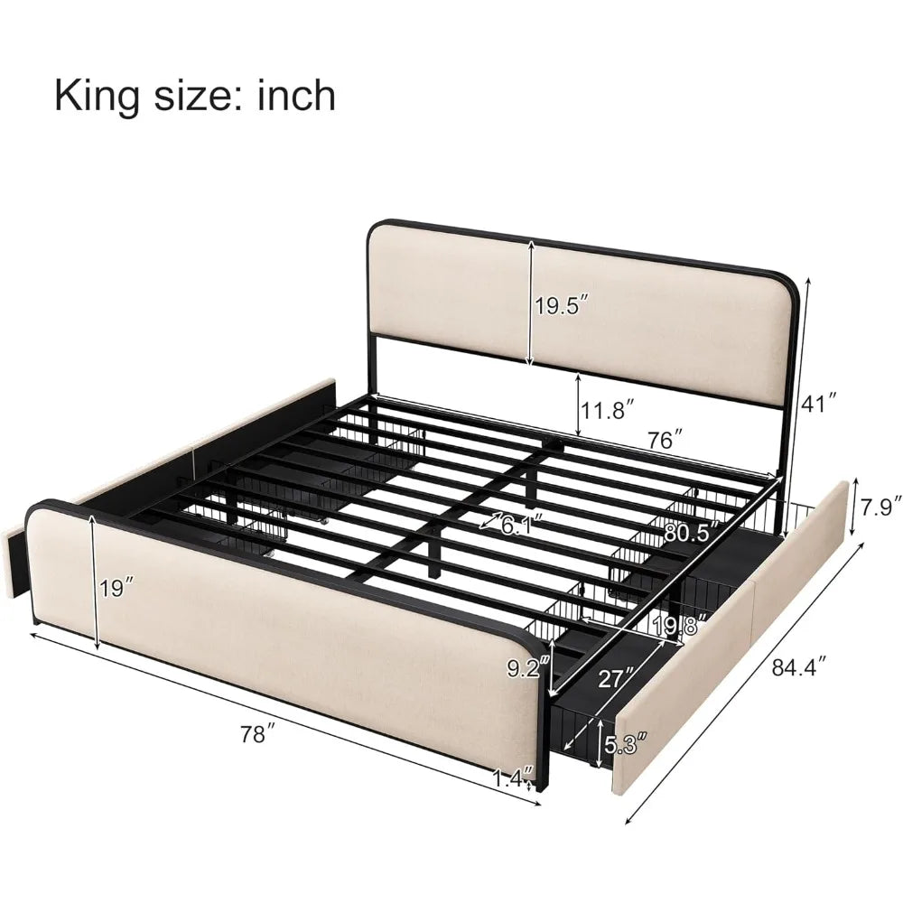 King Size Linen Curved Upholstered Headboard Footboard Bed, Metal Platform Bed Frame with 4 Storage Drawers, Heavy Duty Metal
