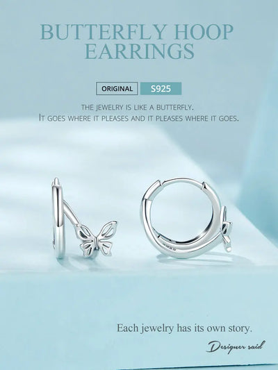 WOSTU Real 925 Sterling Silver Original Butterfly Hoop Earrings Oxidation For Women Wedding Party Daily Gift DIY Fine Jewelry