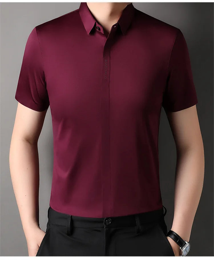 Summer New High-grade Hidden Button Men's Light Luxury Short Sleeve Shirts Men High Elastic Business Anti-wrinkle Ice Silk Shirt