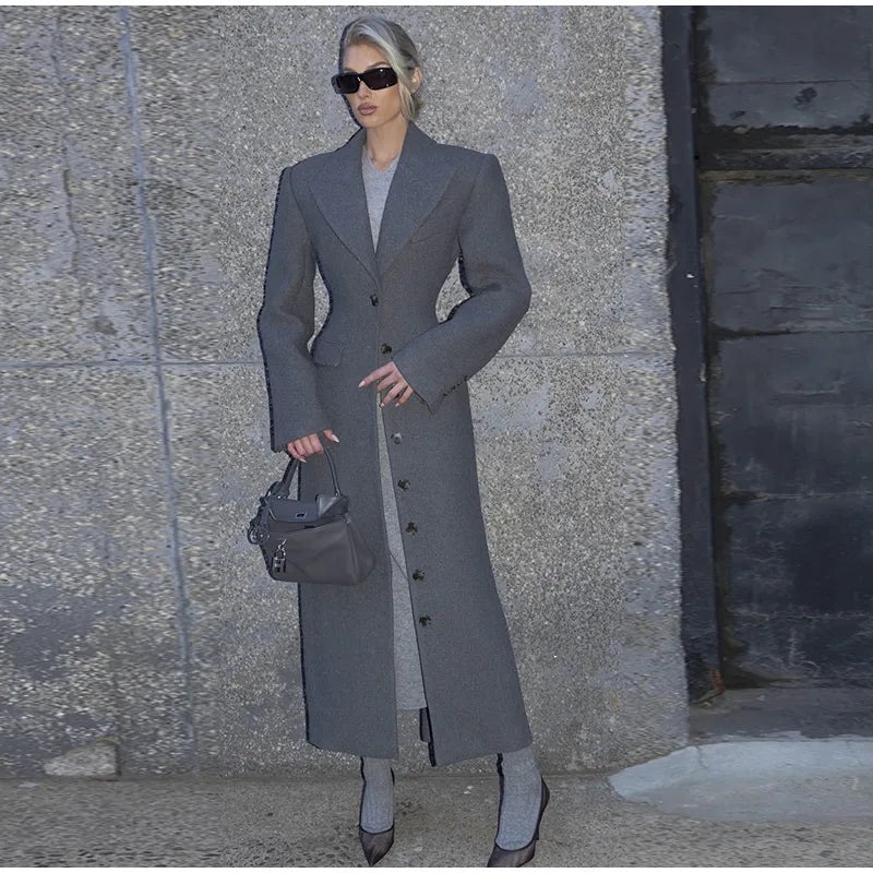Woolen Burgundy Long Blazer Coat Women Single Breasted Notched Loose Long Sleeve Shoulder Pads Thicken Suit Jacket Female Office