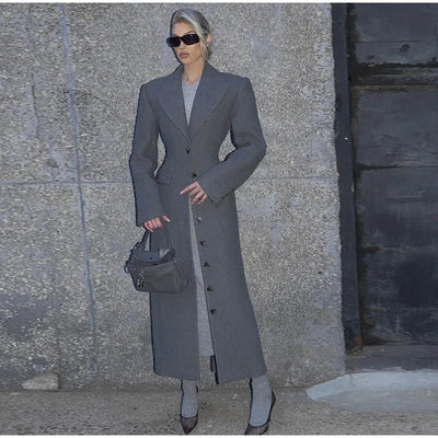 Woolen Burgundy Long Blazer Coat Women Single Breasted Notched Loose Long Sleeve Shoulder Pads Thicken Suit Jacket Female Office