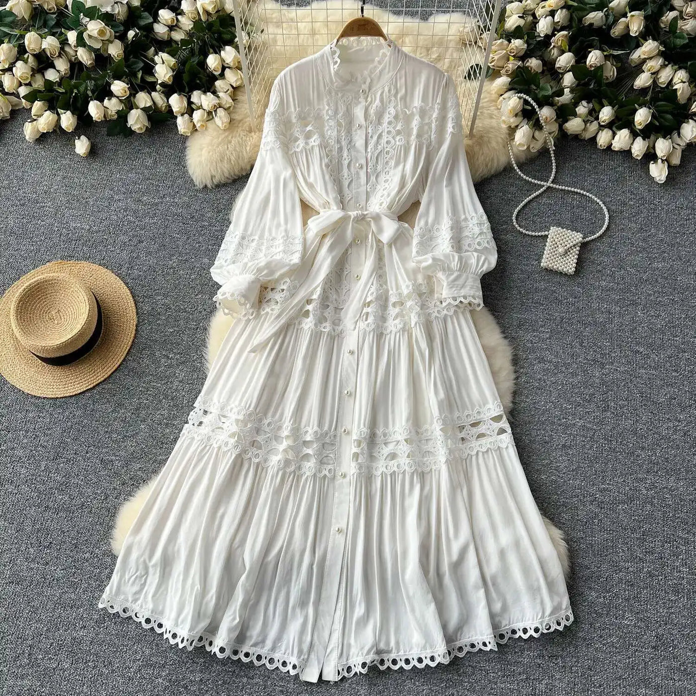 Elegant Long Maxi Hollow Out Dress Shirt Women Summer Autumn Palace Retro Pearl Button Embroidery Crochet Evening Party Vestidos