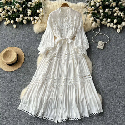 Elegant Long Maxi Hollow Out Dress Shirt Women Summer Autumn Palace Retro Pearl Button Embroidery Crochet Evening Party Vestidos