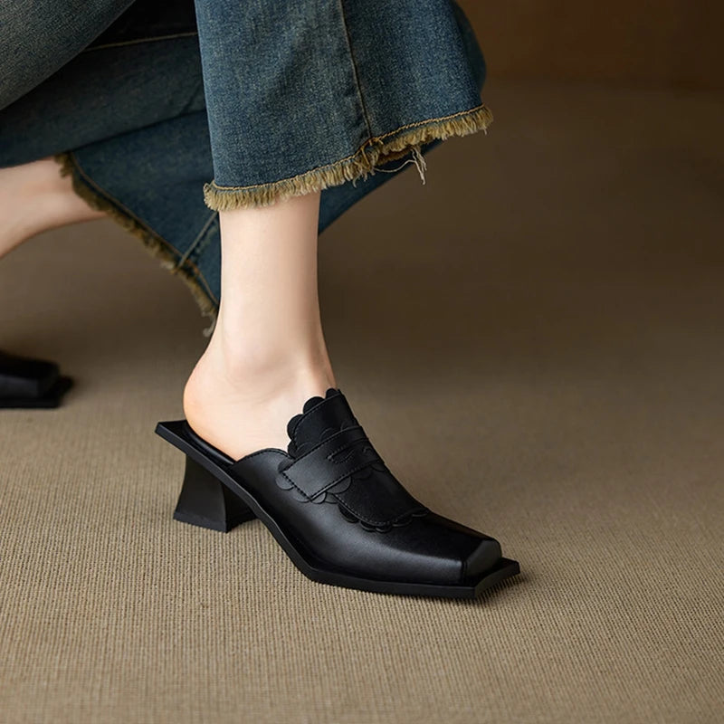 NEW Summer Women Mules Genuine Leather Shoes for Women Square Toe Chunky Heel Shoes Cover Toe Slingback Sandals Modern Slippers