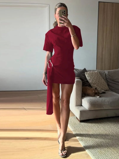 Chaxiaoa Short Sleeve Draped Sexy Mini Dress for Women Black Metal Buckle O Neck High Waist Bodycon Club Dress Vestido Clothes