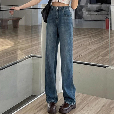 Woman High Waist Stacked Straight Leg Jeans Female Gothic Loose Wide Leg Pants Girls Y2k Black Blue Light Blue Denim Trousers