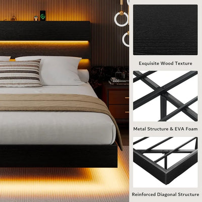 Queen Floating Bed Frame with LED Lights & Charging Station, Platform Bed with Wooden Storage Headboard, Steel Slats Sup