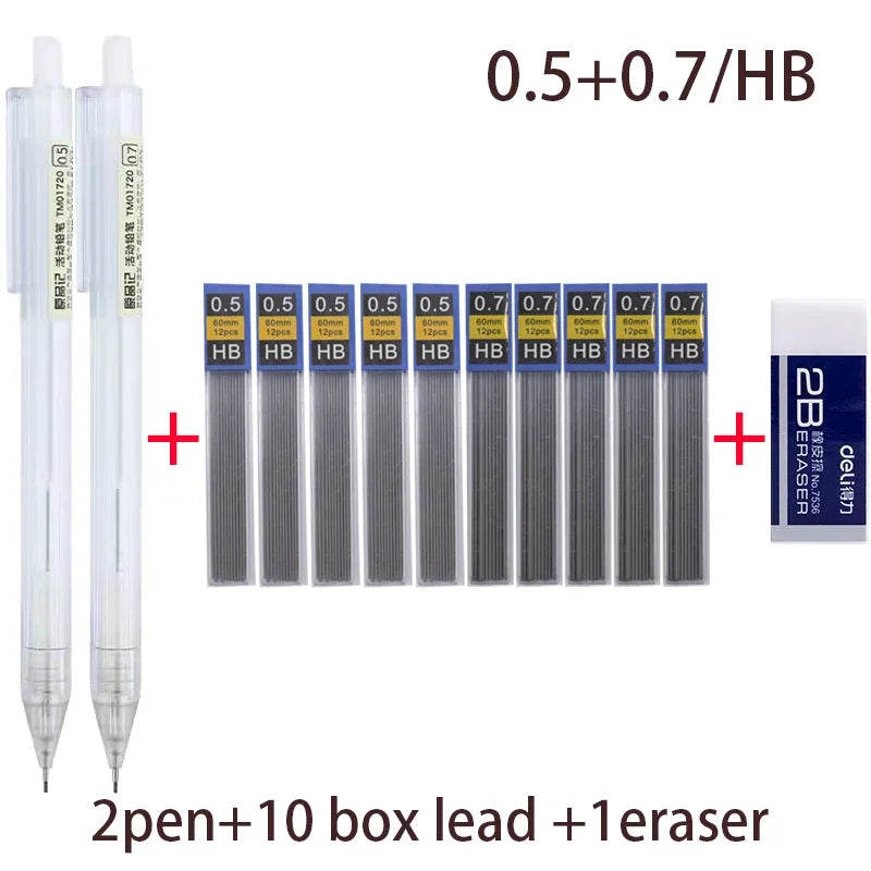 Mixed Loading 0.5&0.7mm Mechanical Pencil White Simple Automatic Pen for Students School Supplies Office Accessories Stationery