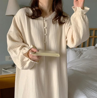 100% Cotton Woman Dress Cute Cherry Print Long Sleeve Button Up Korean Maxi Dresses Comfortable Homewear Vestido De Mujer