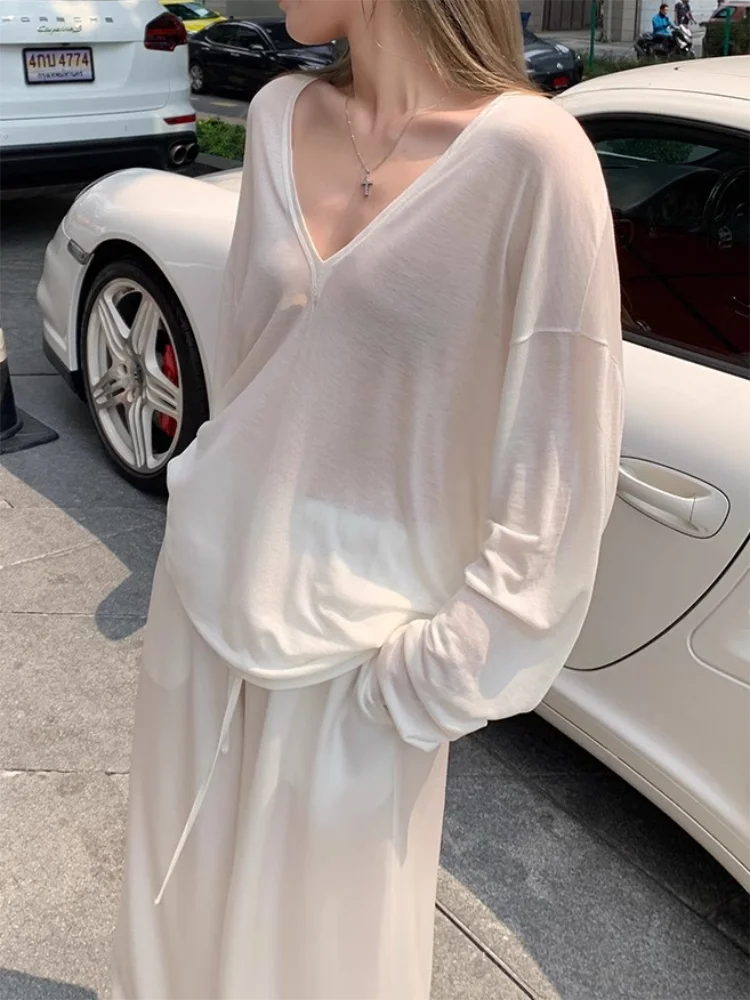Women Oversized T Shirt Spring Summer V-neck Casual Fashion Loose Thin Long Sleeve Top Pullovers Chic White See Through T-shirt