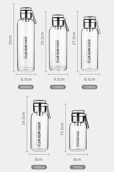Sports Glass Water Bottle 2L Capacity Free Cup Cover (with Shoulder Strap)  Portable Leak-proof Drinking Stainless Steel Lid