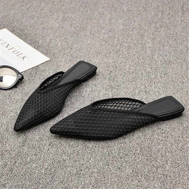 Women's Pointed Toe Slippers 2024 Summer Designer Mesh Beach Flat Shoes Slides Outside Mules Gladiator Sandals Zapatos De Mujer