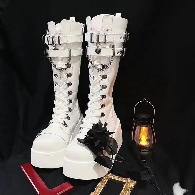 Metal Buckle Chunky Platform Punk Boots Women 2024 Winter Gothic Thick Bottom Knee High Boots Woman Black Wedges Cosplay Shoes