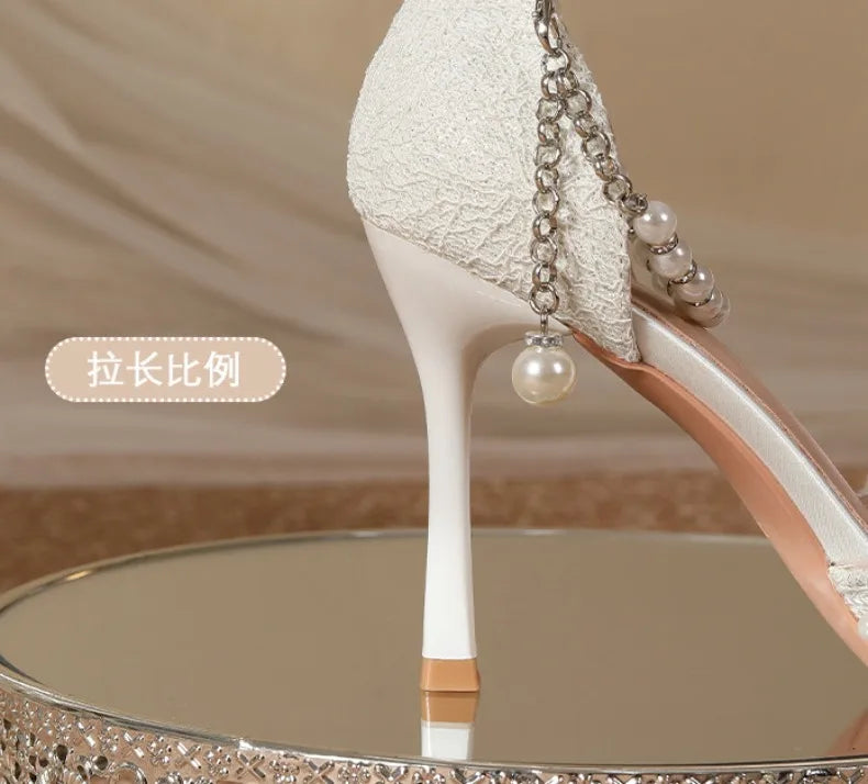 High Heeled Shoes Women's 2025 Summer with A Thin Heel and Pointed Toe A Straight Cut Lace Surface White Pearl Bridal Shoe Women