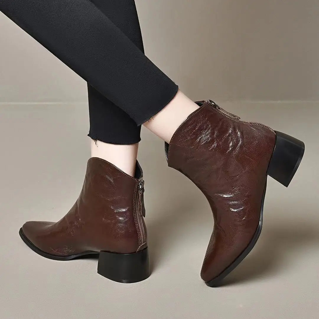 Female Short Shoes Pointed Toe Brown Fur Leather Booties Elegant with Medium Heels Women's Ankle Boots Sale Y2k Autumn Chic Boot