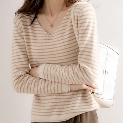 New Striped V-neck Sweater Women's All-Match Loose Sweater Fall Winter Fashion Bottoming Shirt Inner Wear Blouse