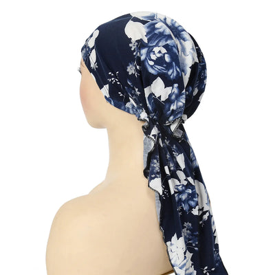2024 New Women Pre-Tied Turban Cap Muslim Hijab Cancer Chemo Flower Print Hat Cover Hair Loss Head Scarf Wrap Strech Bandana