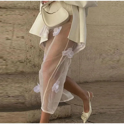 Y2K 3D Floral Gauze Long Skirts For Women 2025 Summer Spring Street See Through High Waist Maxi Skirt Lady Vacation Beach Skirt