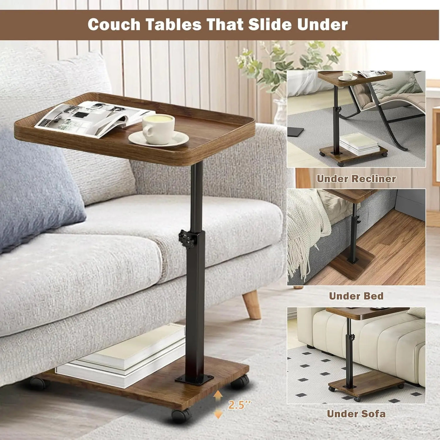 Wooden C-Shape Lifting Side Table Movable Small Table Sofa Corner Table for Sofa Living Room Bedroom Bedside Laptop Desk