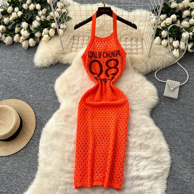 YuooMuoo Women Dress 2025 Summer Ins Hot Letter Print Halter Knitted Beach Dress Chic Fashion Sexy Wrap Hip Streetwear Vestidos