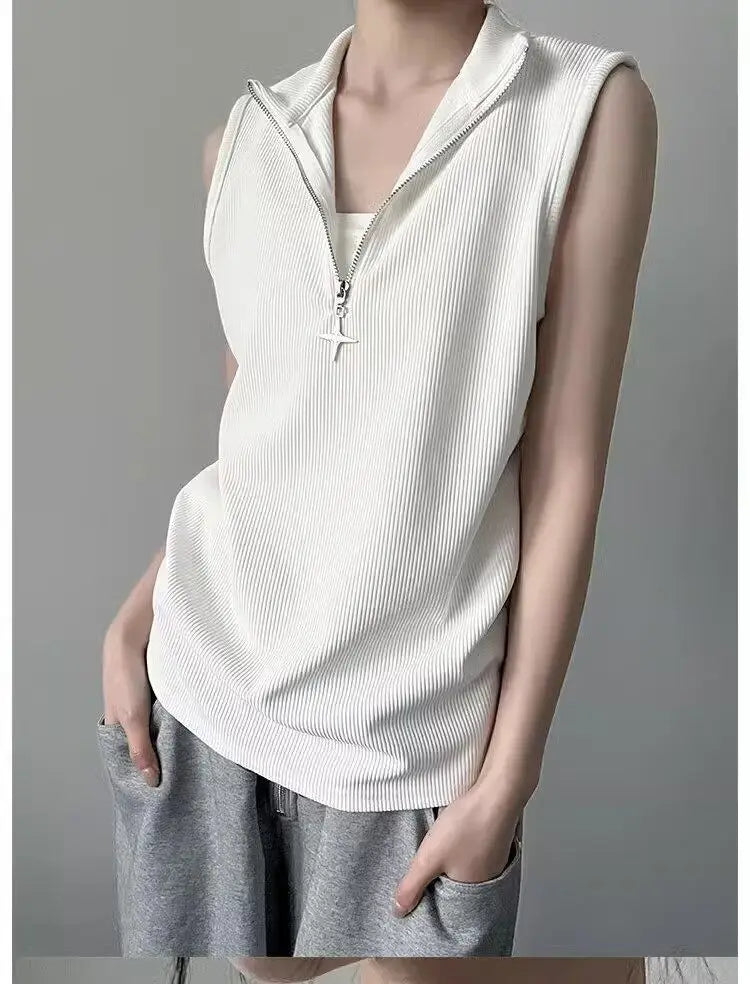 Gothic Tank Top Men and Women Harajuku Punk Vintage Stand Neck Zipper Streetwear Sleeveless Tanks Y2k Aesthetic Solid Camisoles